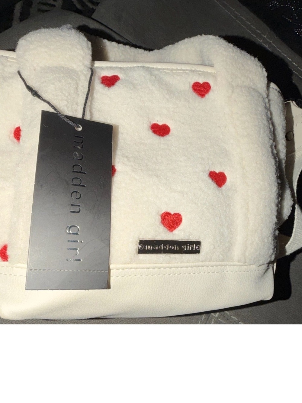 Madden Girl White Mini Tote with Red Heart Print